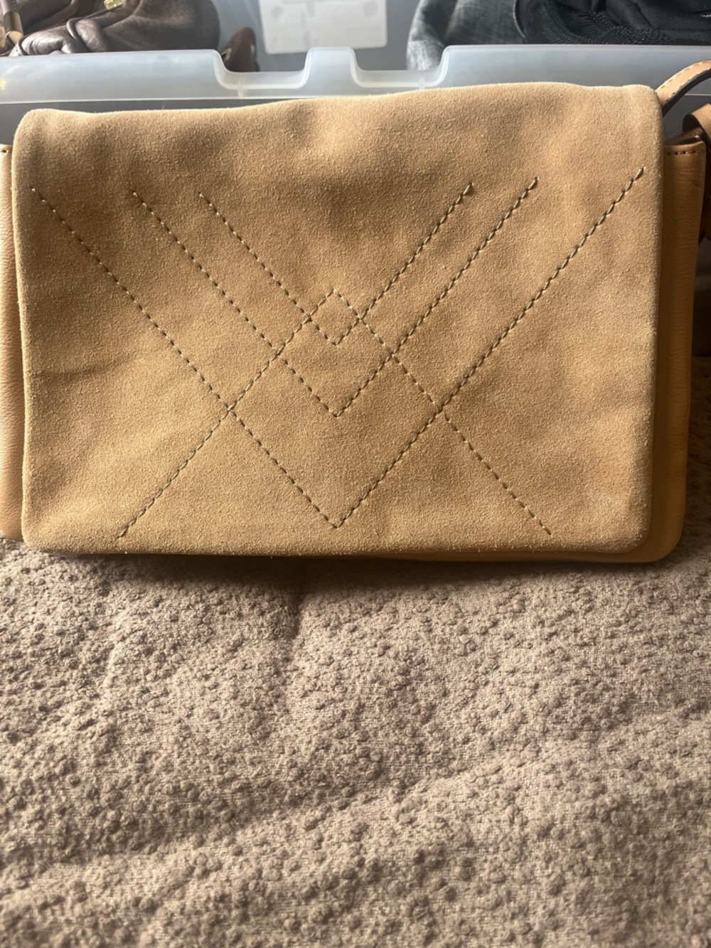 Vince Camuto Beige Suede & Leather Crossbody with Gold Accent